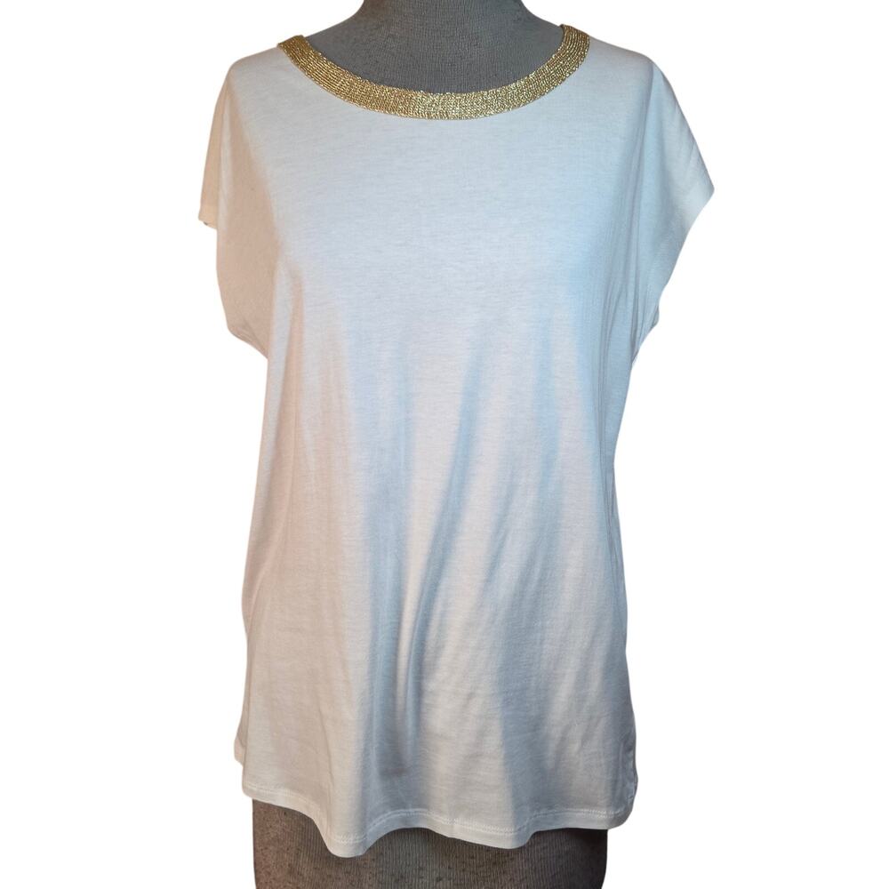 Michael Kors Gold Embellished Neckline Cotton Blend Tee Size Small